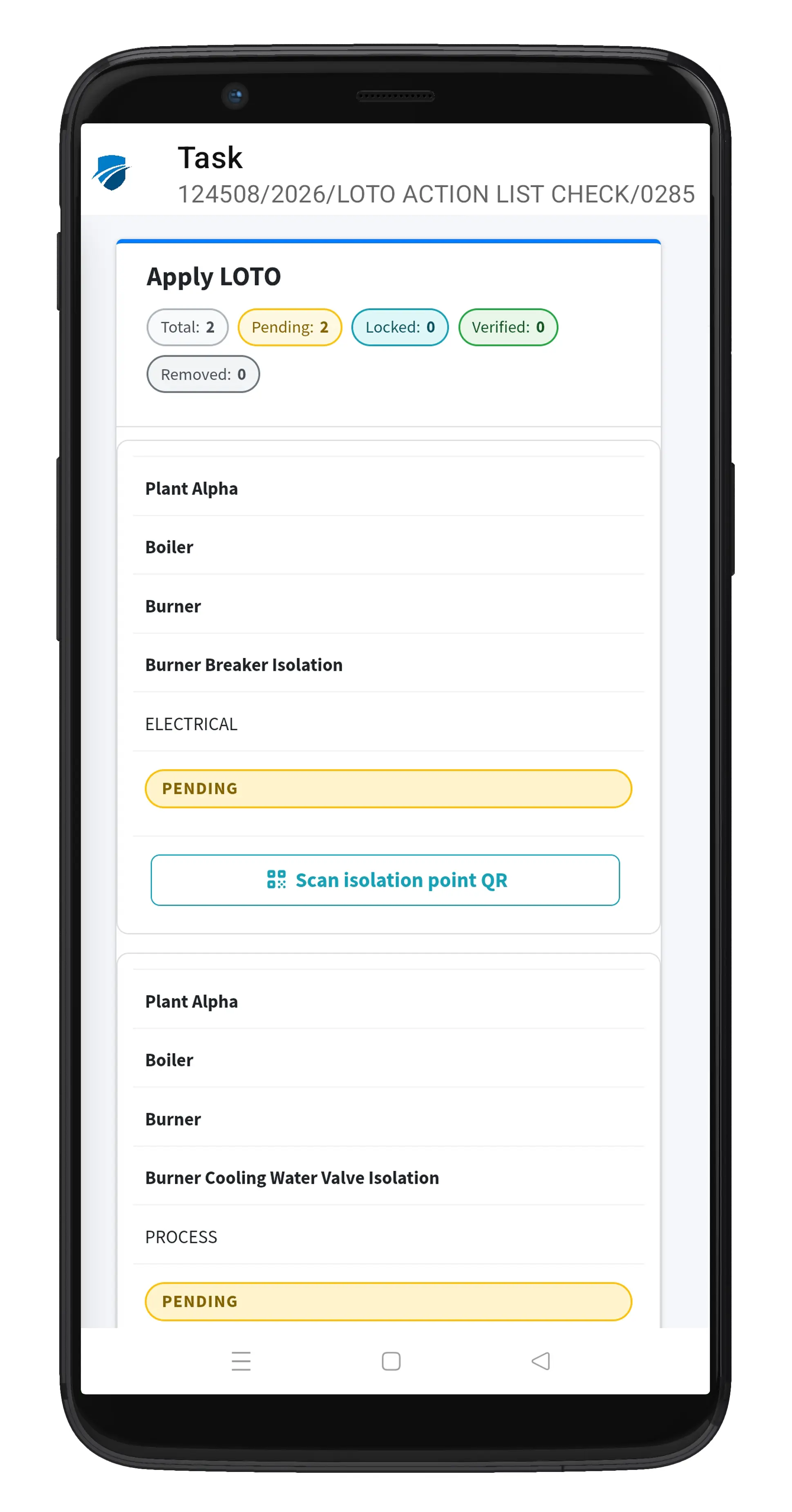LOTO execution & verification — PermitGuard digital permit-to-work mobile app screenshot
