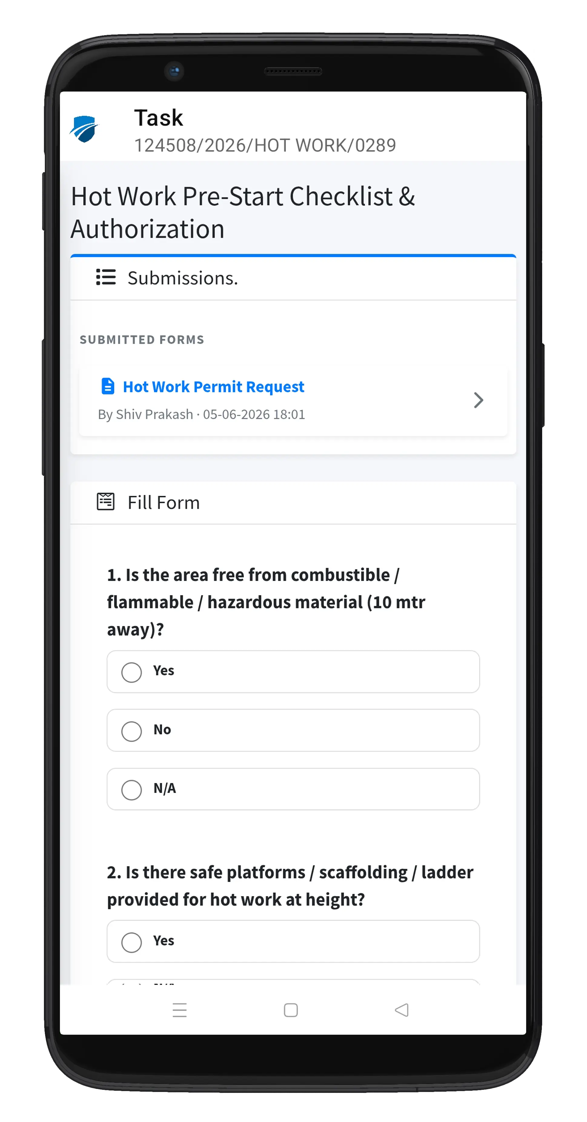 Permit forms & approvals on mobile — PermitGuard digital permit-to-work mobile app screenshot
